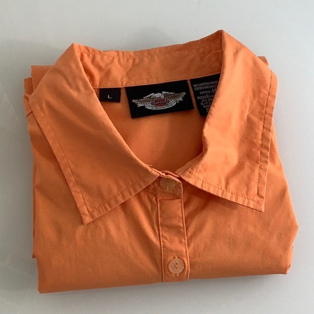 Harley Davidson embellished Eagle S/S button down orange shirt size large EUC - Picture 10 of 11